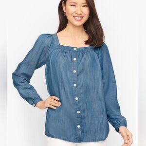 Talbots Blue Chambray Square Neck Long Sleeve Button Up Shirt Size L